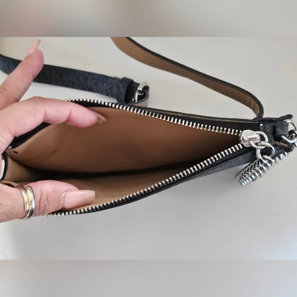Michael Kors Black MK Logo Fanny Pack Belt Bag Chain Accent Zip Waist Crossbody.